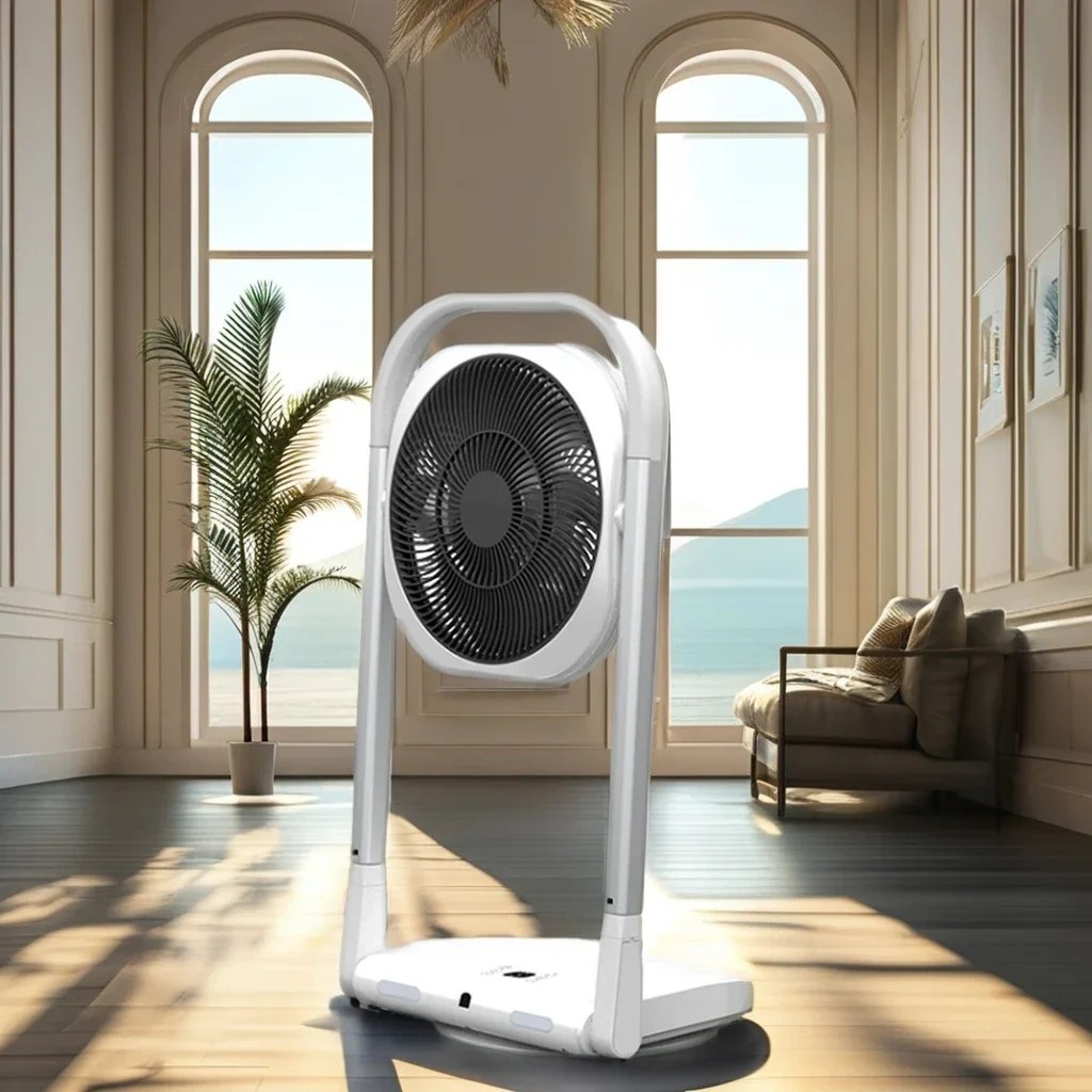 Digital Foldable Pedestal Fan in a bright living room