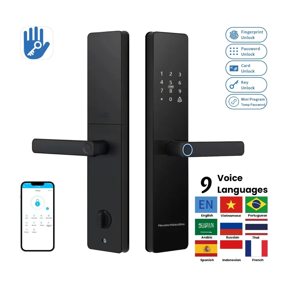 Smart Door Handle Lock – app control and voice languages